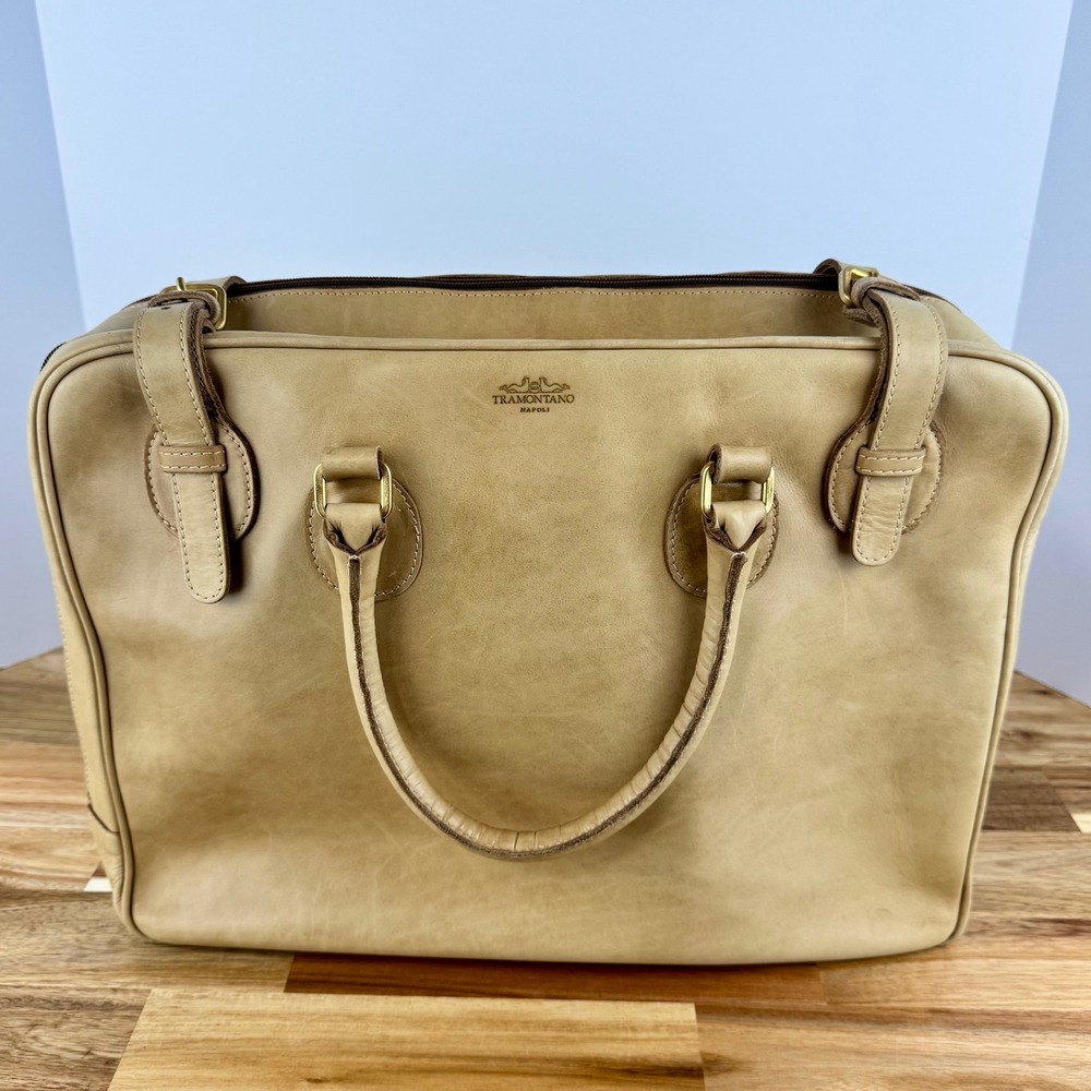 Tramontano Napoli Italian Leather Structured Satchel Handbag Beige Gold Hardware - Picture 12 of 12